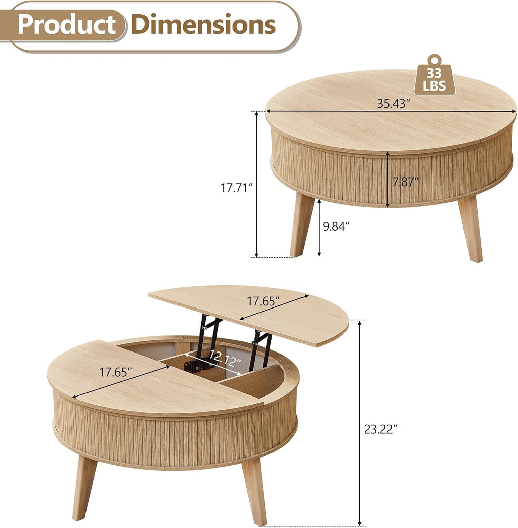 Round Lift Top Coffee Table with Storage, 35.4'' Fluted Wood Center Table Mid Century Modern Coffee Table with Lifting Top for Living Room, Office, Small Space (Natural)