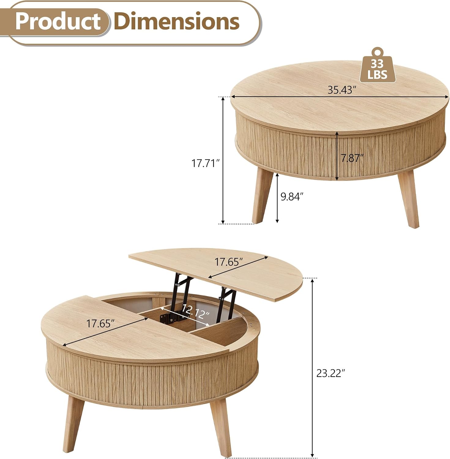 Round Lift Top Coffee Table with Storage, 35.4'' Fluted Wood Center Table Mid Century Modern Coffee Table with Lifting Top for Living Room, Office, Small Space (Natural)