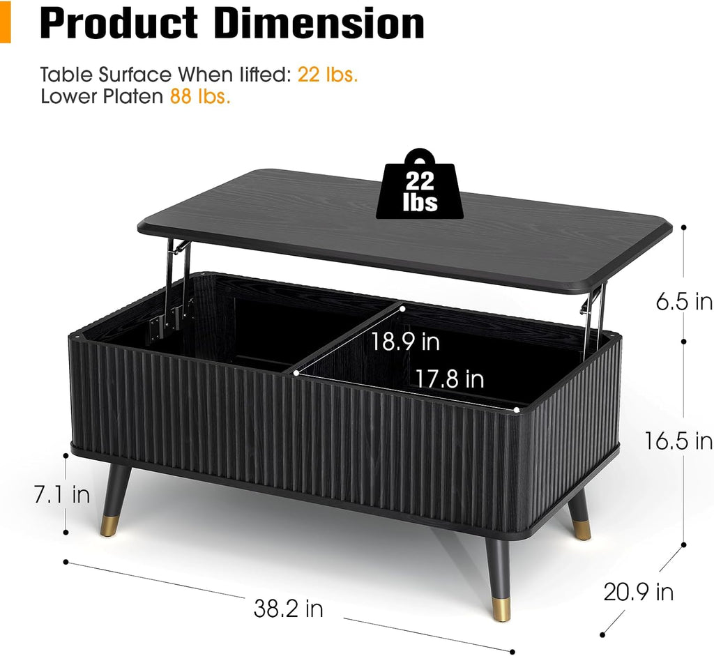 Lift Top Coffee Table with Storage, Modern Coffee Table with Solid Wood Legs, 38' Minimalist Fluted Center Table for Living Room, Home Office, Black