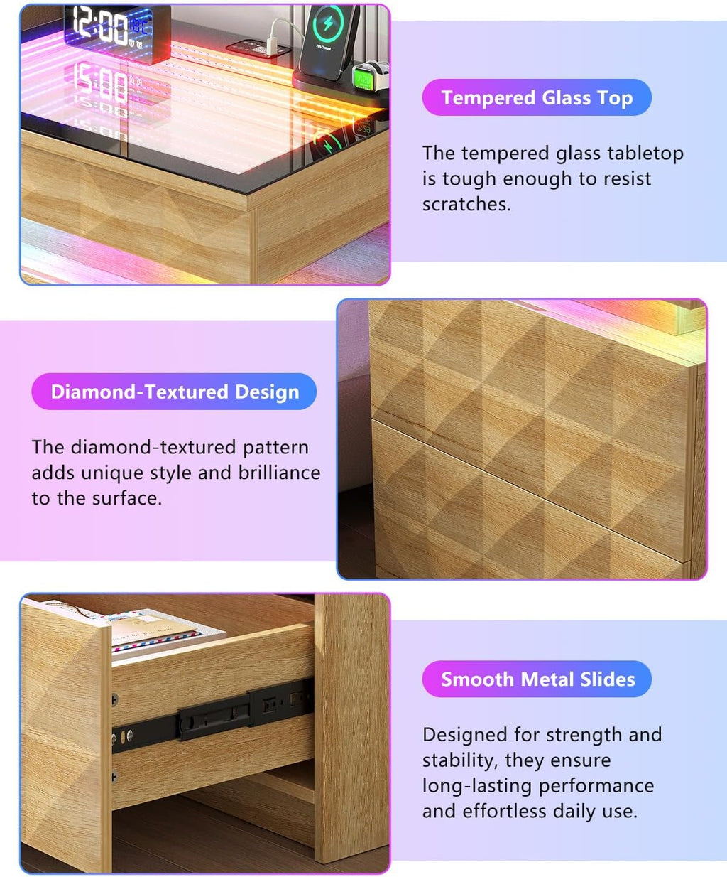 Wood Night Stand with Charger Station & RGB Lights, LED Bedside Table with Tempered Glass, Sliding Top, 3 Drawers and Hidden Storage, End Side Table for Bedroom Livingroom