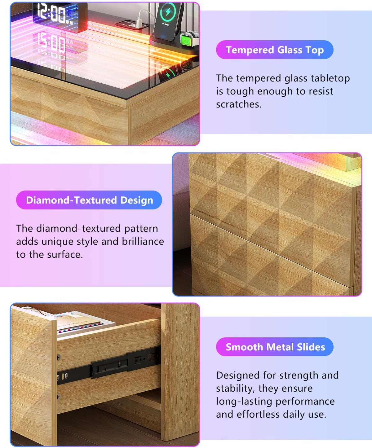 Wood Night Stand with Charger Station & RGB Lights, LED Bedside Table with Tempered Glass, Sliding Top, 3 Drawers and Hidden Storage, End Side Table for Bedroom Livingroom
