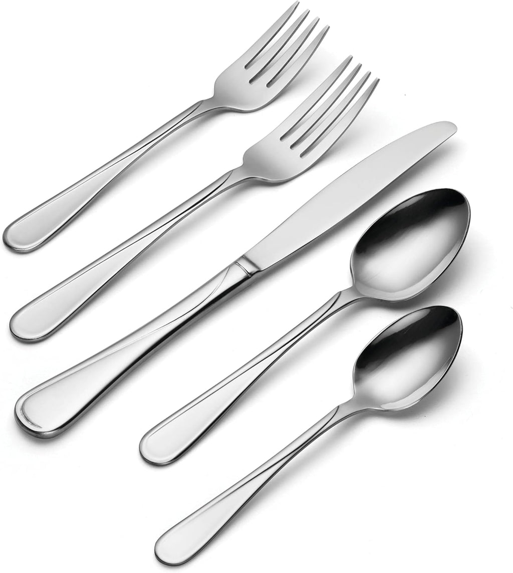 Oneida Silverware Set For 12, Flight 65-Piece Everyday Flatware Set with Serving Utensils, Service For 12, 18/0 Stainless Steel, Mirror Finish, Dishwasher Safe, Light Weight, Dining (Silver, 65 Piece)