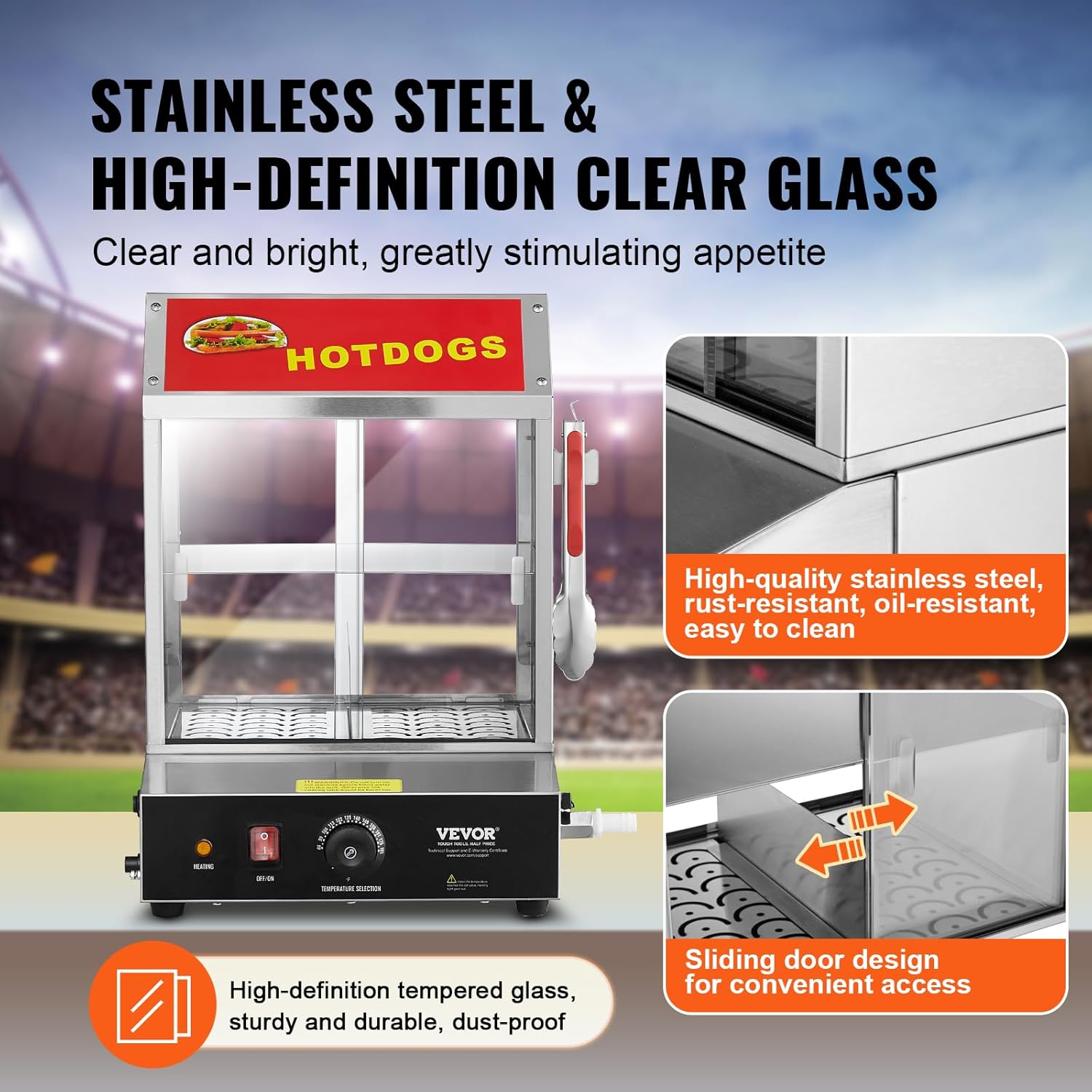 VEVOR Hot Dog Steamer, 28.5QT, 2-Tier Hot Dog Hut Steamer, 86℉~185℉ Temperature Control, Electric Bun Warmer with Tempered Glass Slide Doors Partition Plate Tong, Stainless Steel, for Hot Dogs & Buns