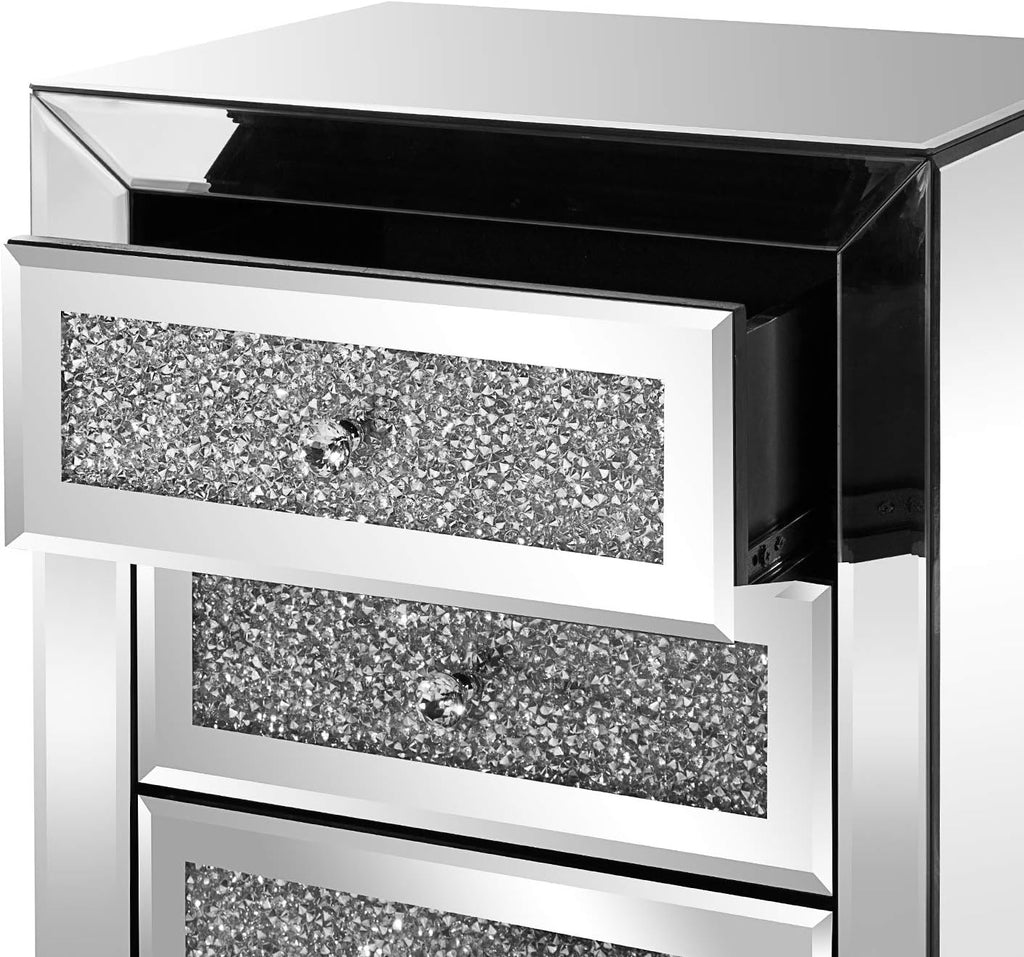 VINGLI Mirrored Nightstand Set of 2, Mirrored Side/End Table for Living Room, Glass Silver Nightstand, Crushed Glass Mirror Night Stand, Contemporary Night Table Mirror Bedroom Furniture Set