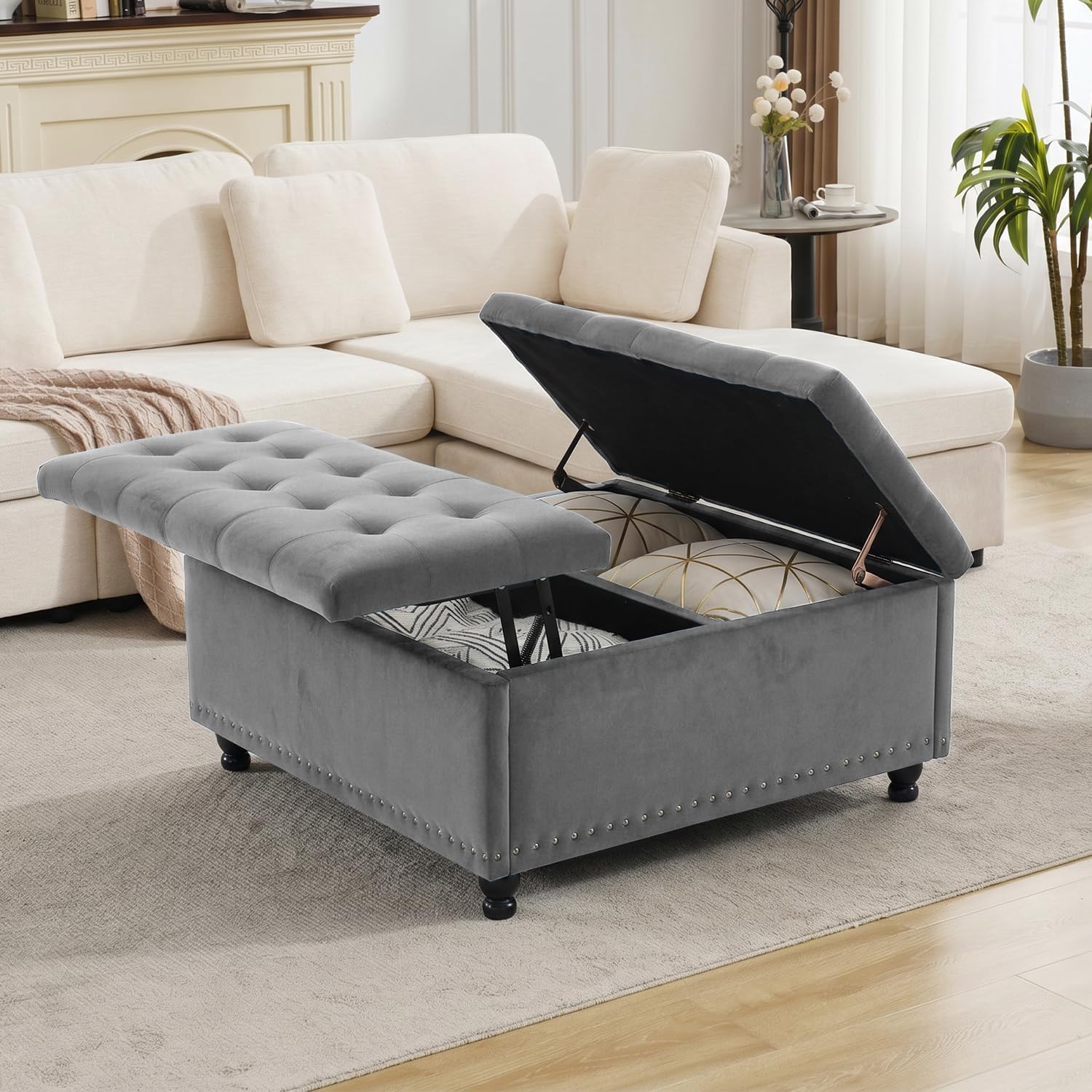 Tbfit Large Square Storage Ottoman Bench, Tufted Upholstered Coffee Table Ottoman with Lift Top & Wooden Legs, Oversized Storage Ottomans Toy Box for Living Room (Gray-Velvet)