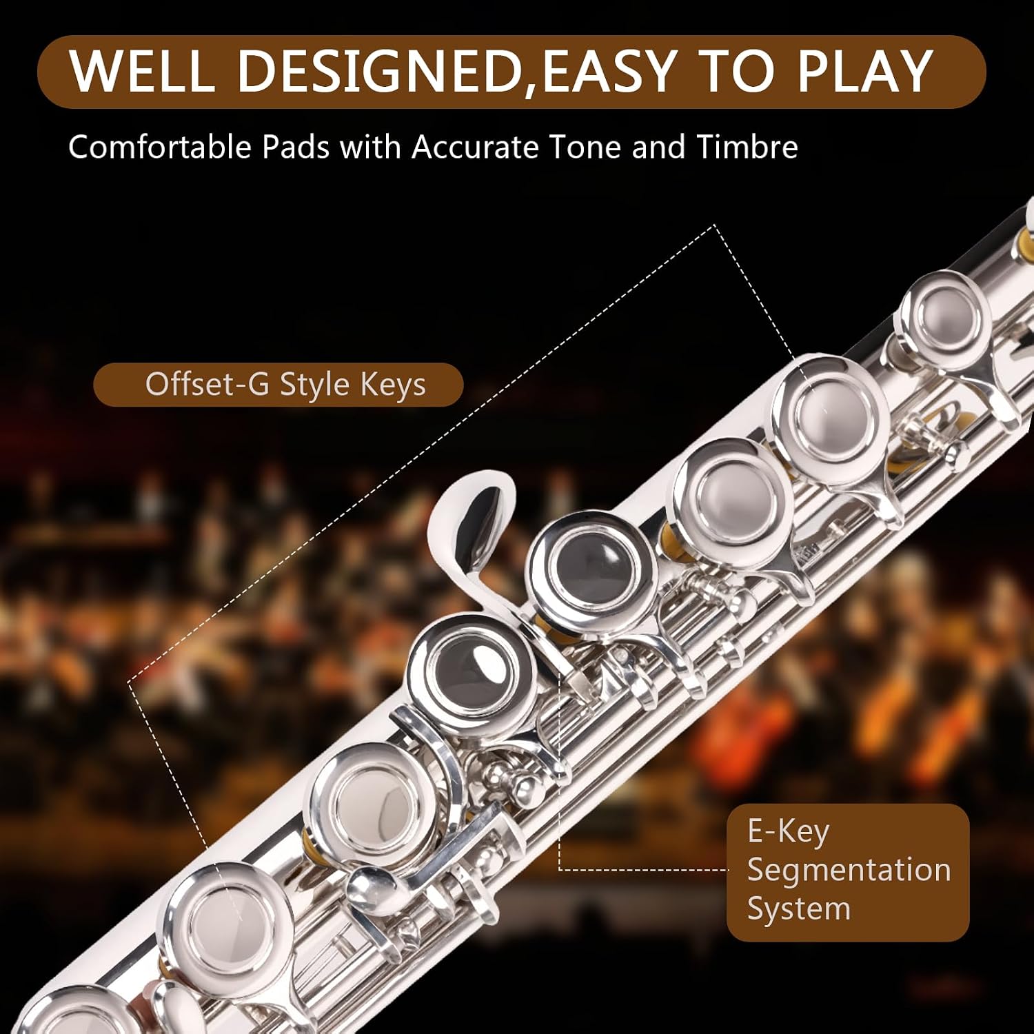 Professional Nickel Plated C Flute for Beginners and All Levels, 16 Key Closed Hole with Ergonomic Design, Includes Carrying Case, Gloves, Cleaning Cloth, Tuning Rod, INEFFA
