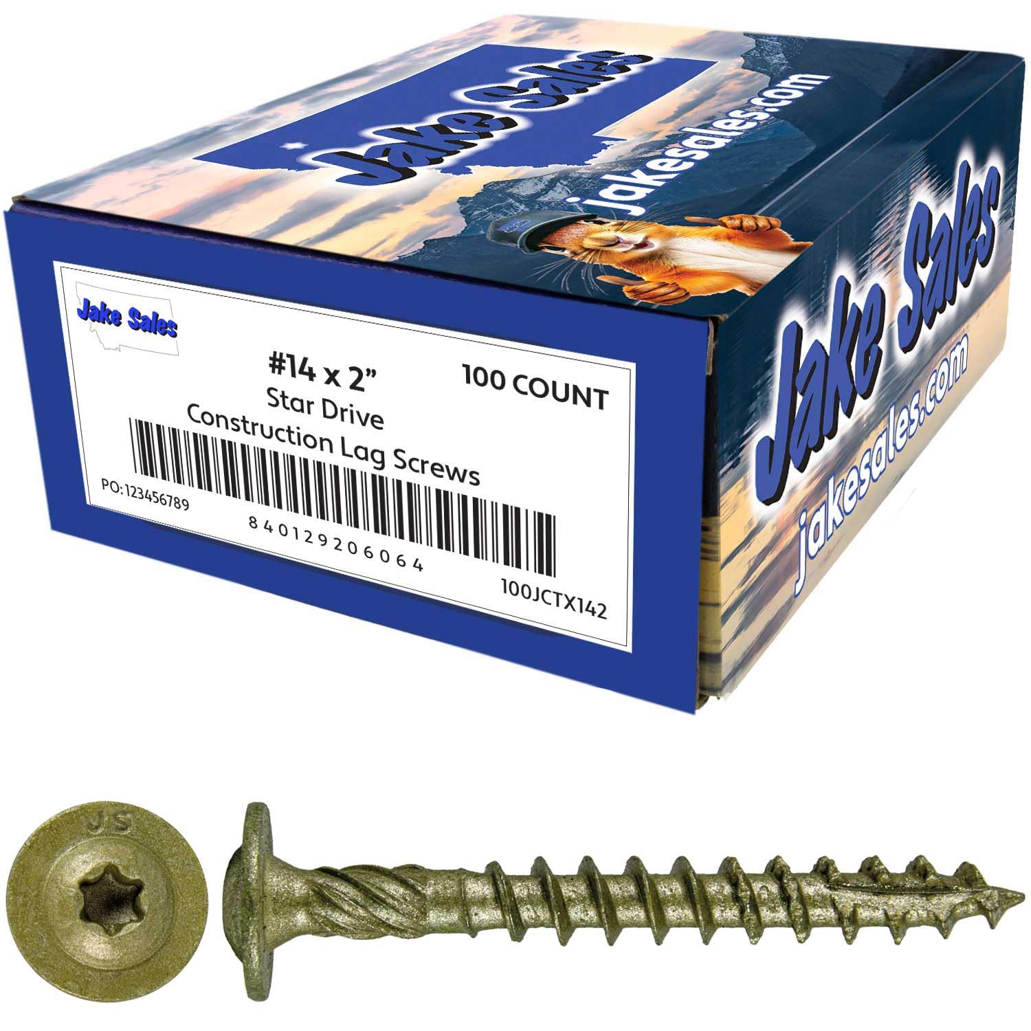 Jake Sales #14 x 2 Construction Lag Screw - Torx/Star Drive Heavy Duty Structural Lag Screw - Exterior Coated - ACQ Compatible - Modified Truss Washer Head. (10 x 100 Count CASE -1,000 Screws)