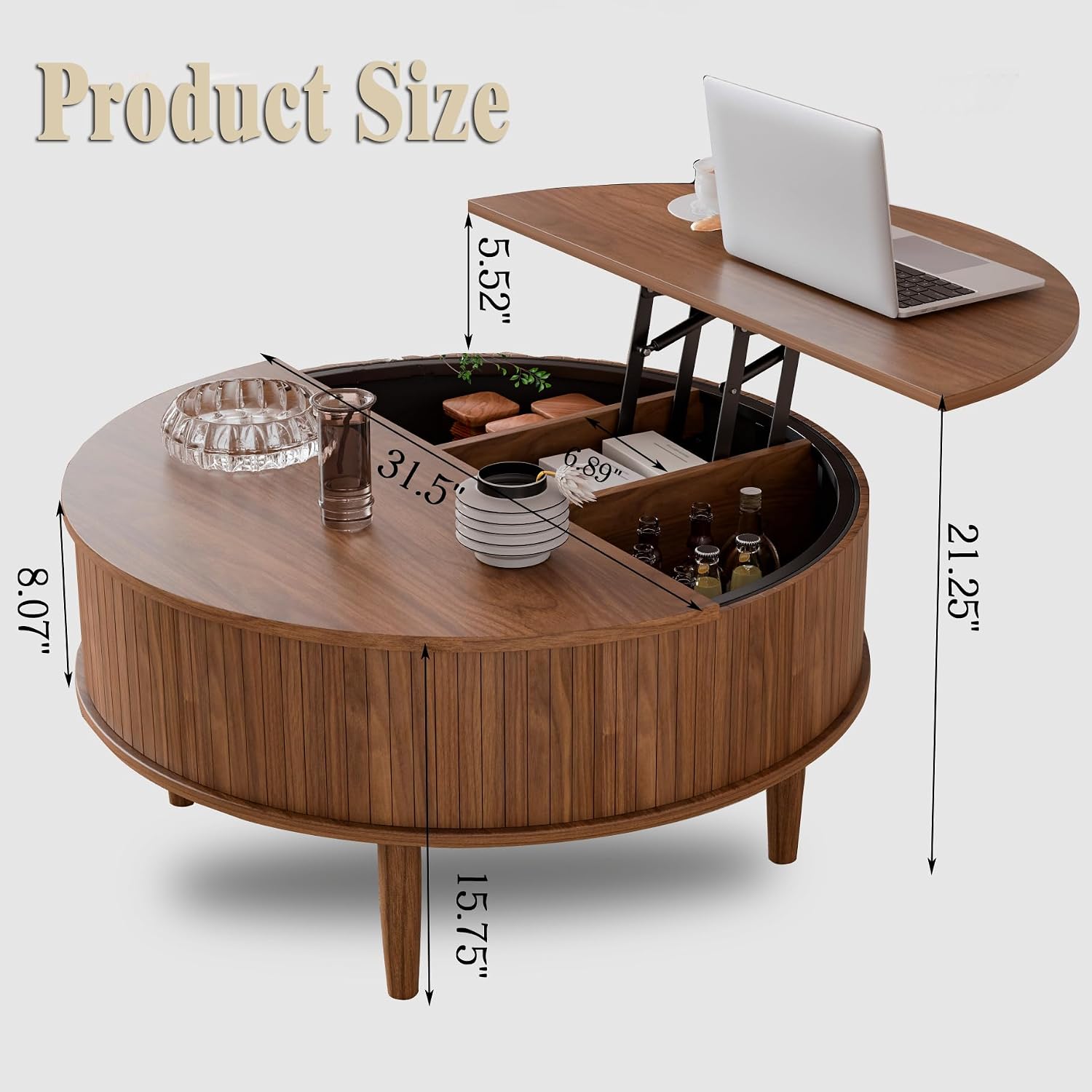 Round Fluted Lift Top Coffee Table with Storage, Mid Century Modern Coffee Table for Living Room, Home Small Space,31.5' Fluted Center Table (Walnut, 31.5inch)