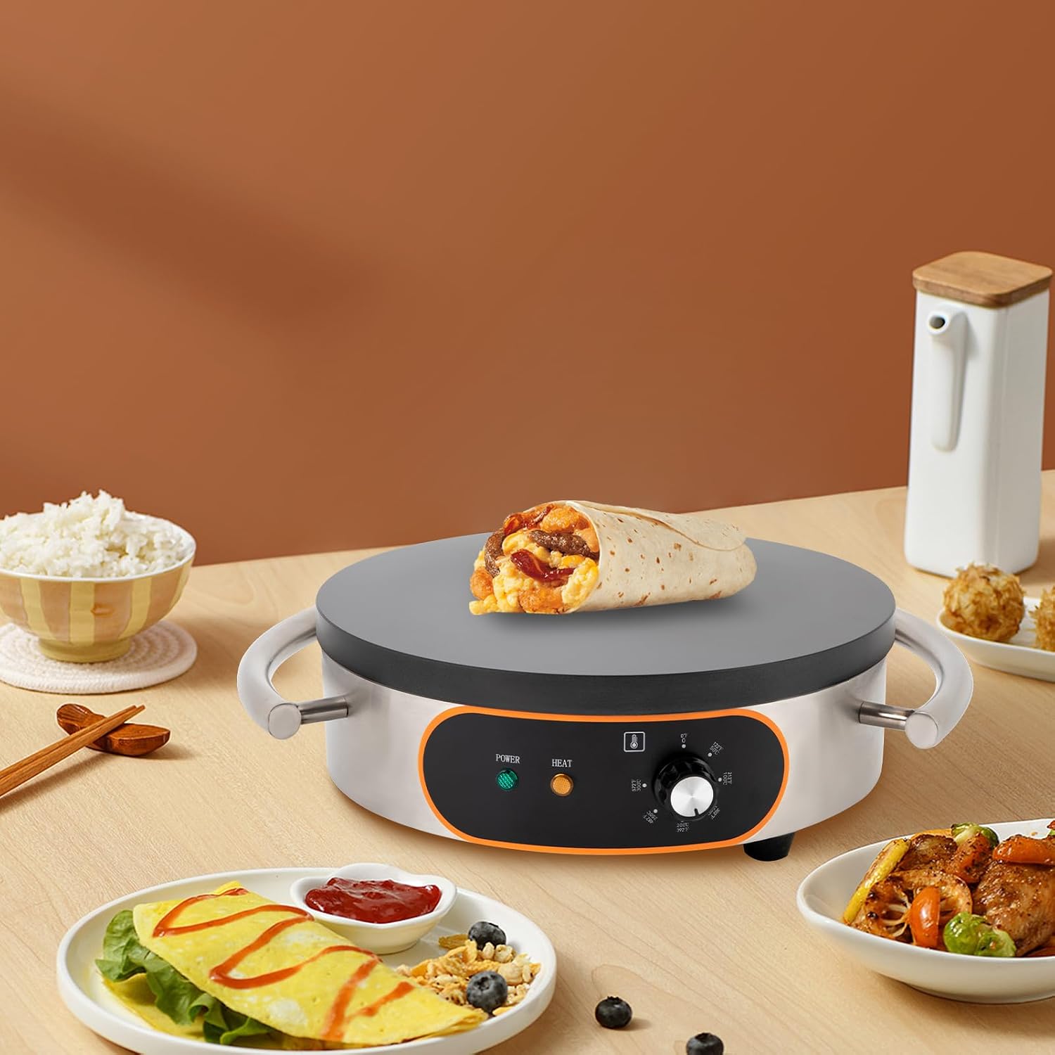 Commercial Crepe Maker Thin Pancake Griddle Single Pan Mini Pancakes Machine Electric Frying With Spatula Non-Stick Hotplate Adjustable Temperature For Catering Industry Bakeries Cafes (16In)