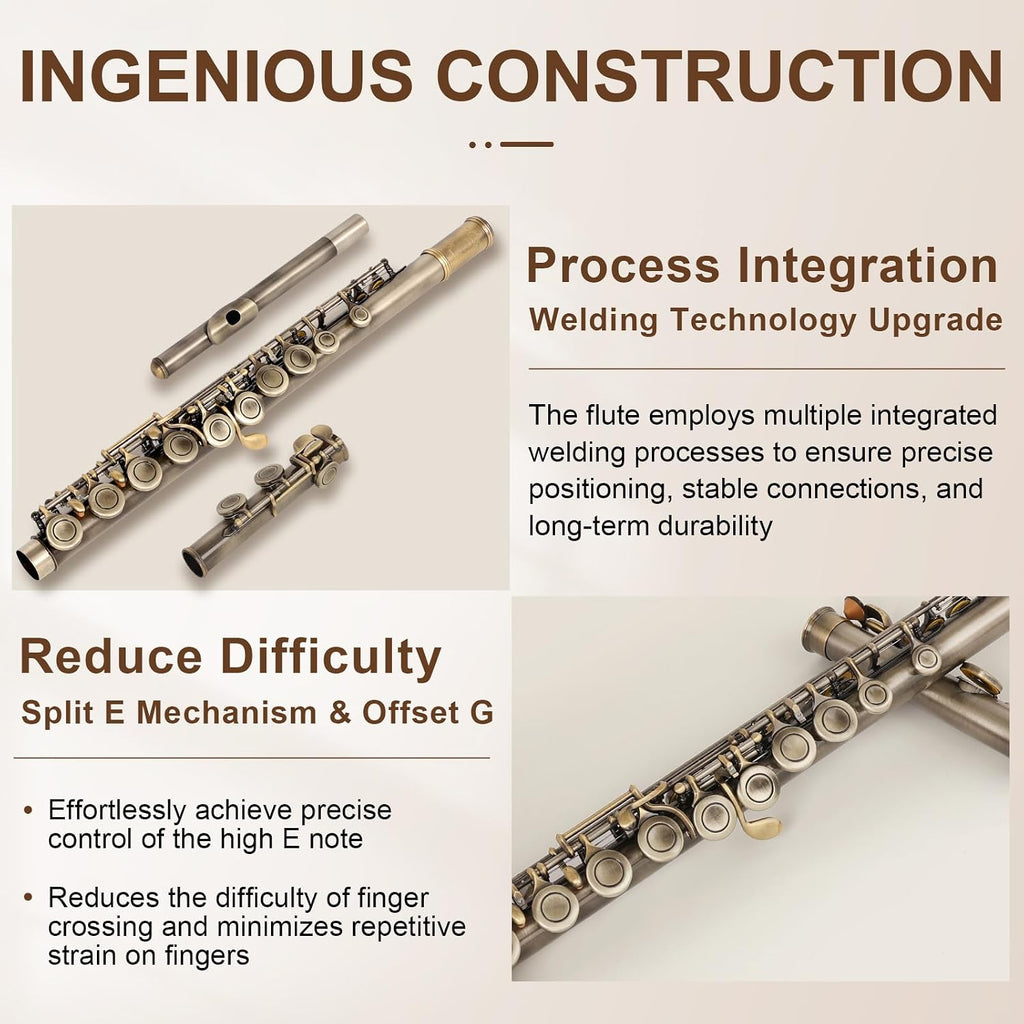 Kmise Closed Hole C Flute, Responsive Flute Instrument, Premium and Durable Flutes with Gig Bag, Collapsible Stand, Beginner's Guide, Cleaning Kit - Effortless for Beginners, Students (Bronze)