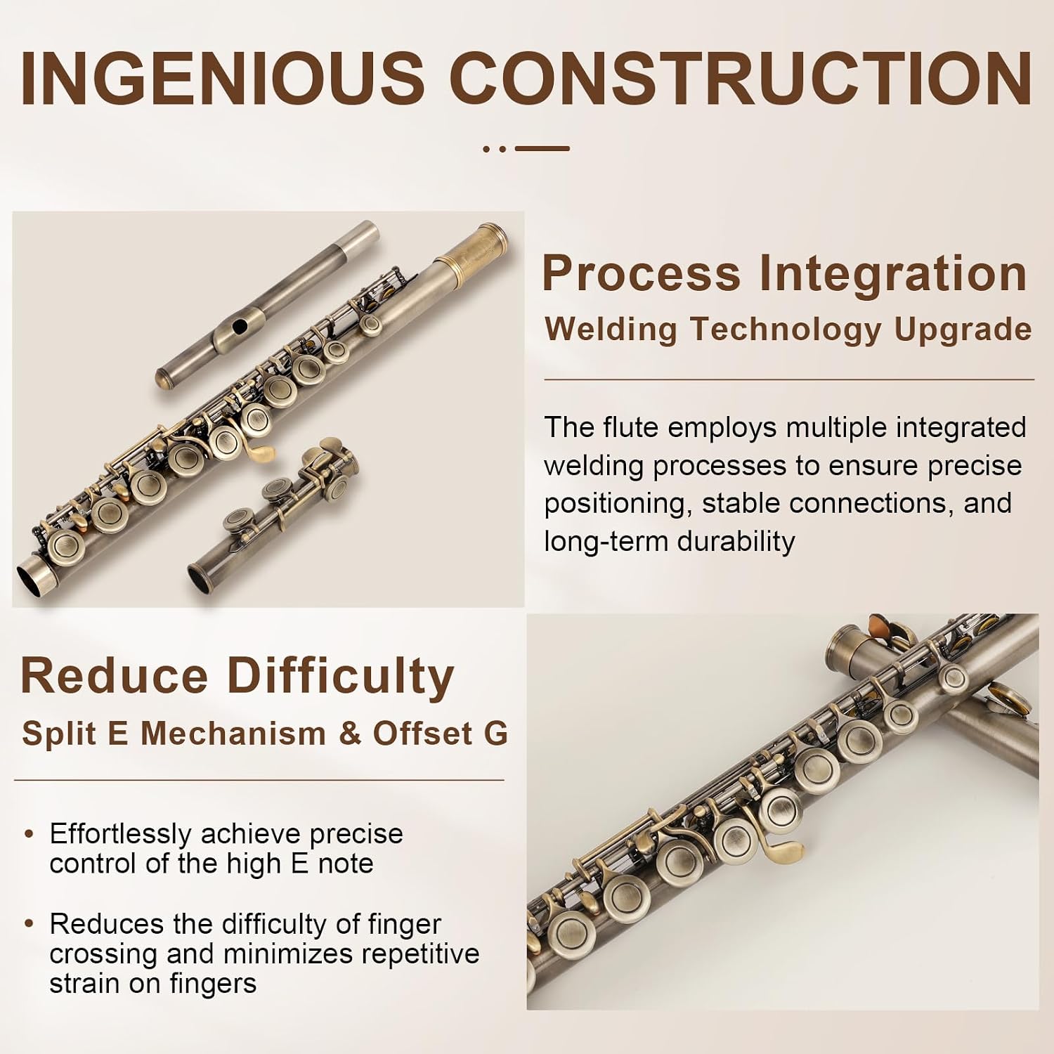 Kmise Closed Hole C Flute, Responsive Flute Instrument, Premium and Durable Flutes with Gig Bag, Collapsible Stand, Beginner's Guide, Cleaning Kit - Effortless for Beginners, Students (Bronze)