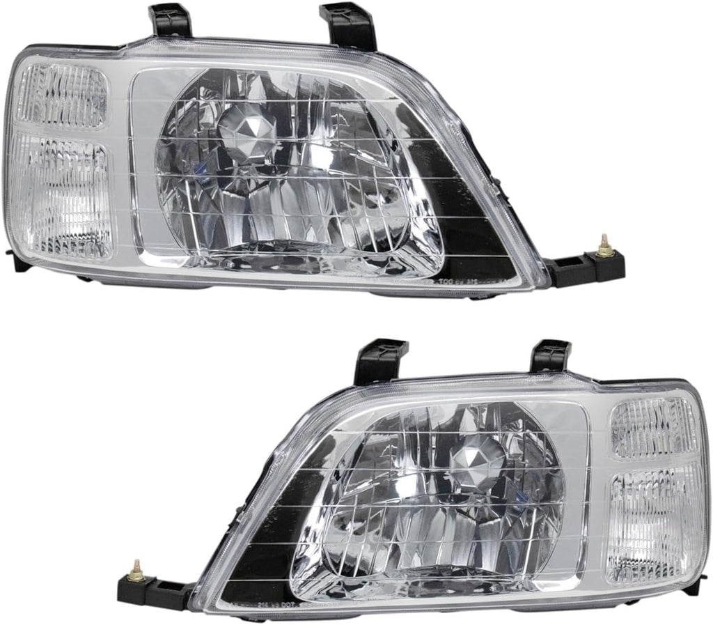 TRQ 2 Piece Headlight Assembly Set Chrome Bezel Driver & Passenger Side Compatible with Honda CR-V 1997-2001 HO2502112 HO2503112 33101S10A01 33151S10A01