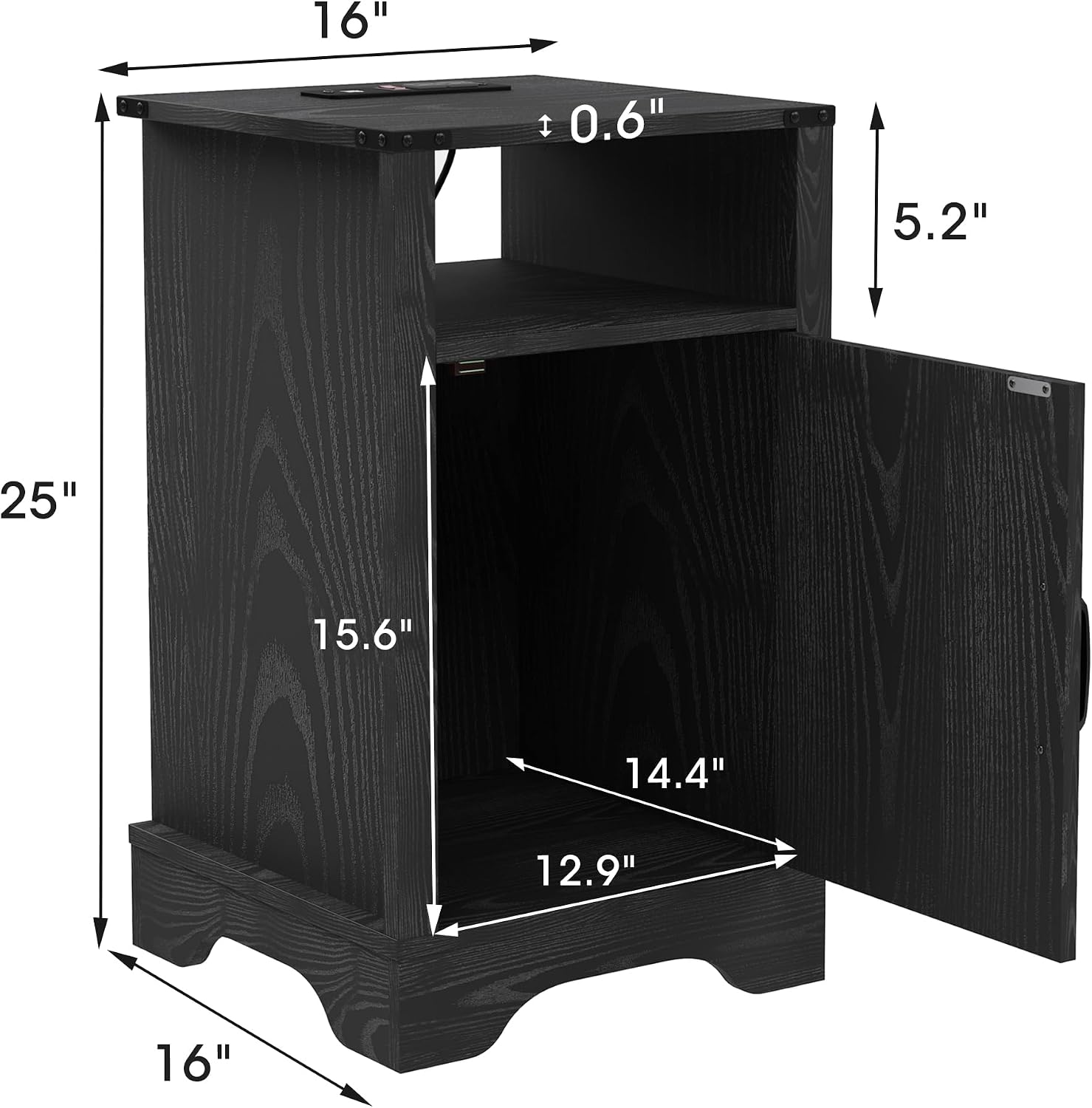 RoyalCraft Farmhouse Nightstand Set of 2, End Table with Charging Station, Tall Bedside Table with Large Storage and Shelf, Wooden Side Table with for Bedroom, Home Office, Black