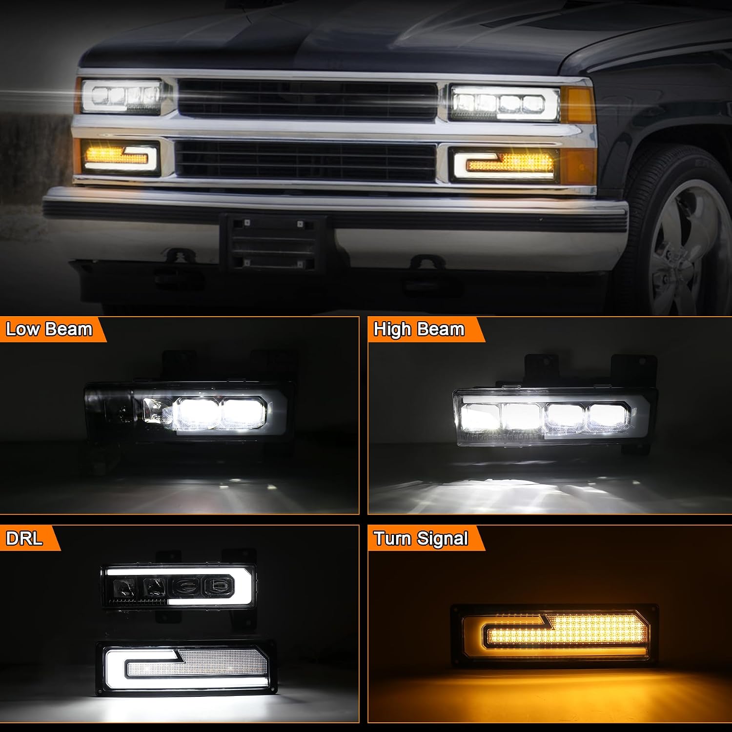 MOVOTOR LED Headlight Assembly 500% Bright Anti-glare Headlights with Welcome DRL Turn Signal Compatible with 1988-1998 Chevy GMC C/K 1500 2500 3500 Suburban Silverado Tahoe Yukon