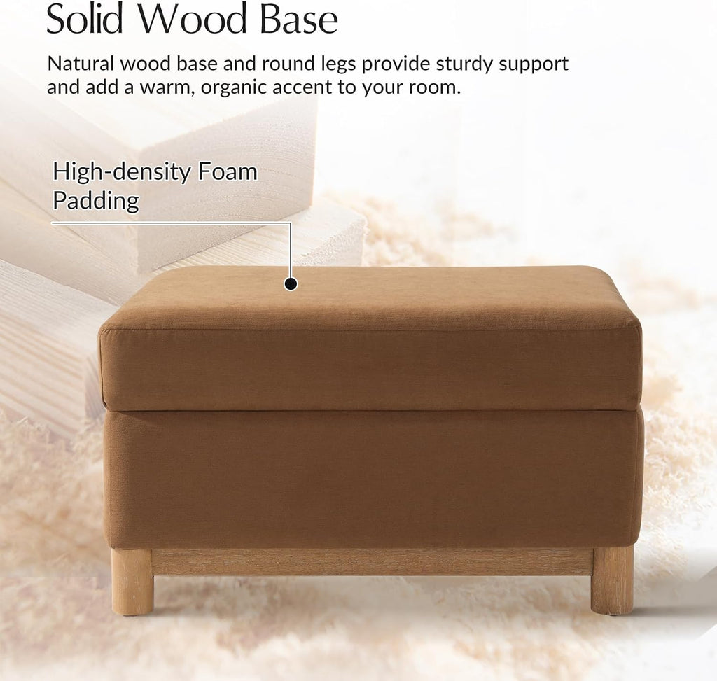 HULALA HOME 30.25' Ottoman Coffee Table with Reversible Tray Lid, Modern Upholstered Storage Ottoman with Solid Wood Base, Removable Top, Footrest and Extra Seating for Bedroom or Living Room, CARAMEL