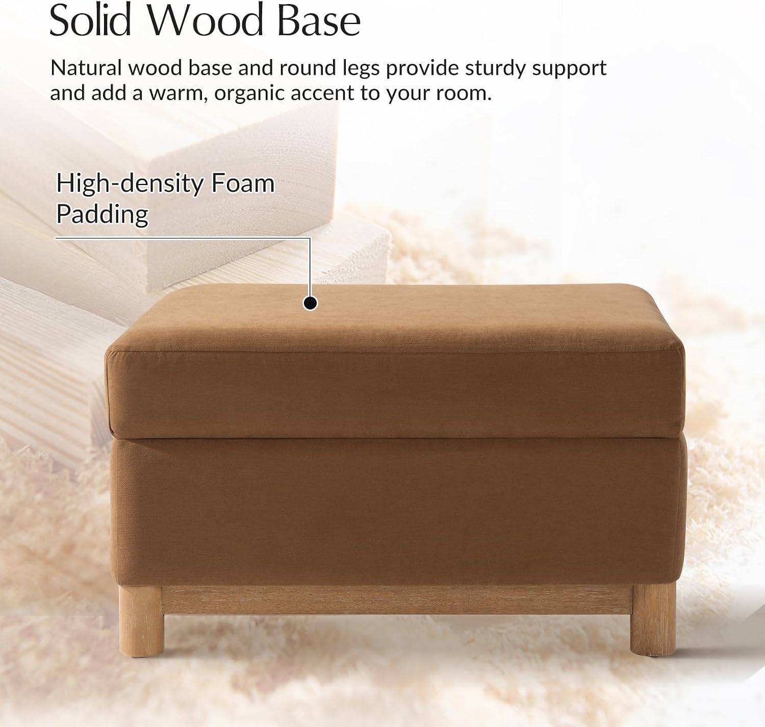 HULALA HOME 30.25' Ottoman Coffee Table with Reversible Tray Lid, Modern Upholstered Storage Ottoman with Solid Wood Base, Removable Top, Footrest and Extra Seating for Bedroom or Living Room, CARAMEL
