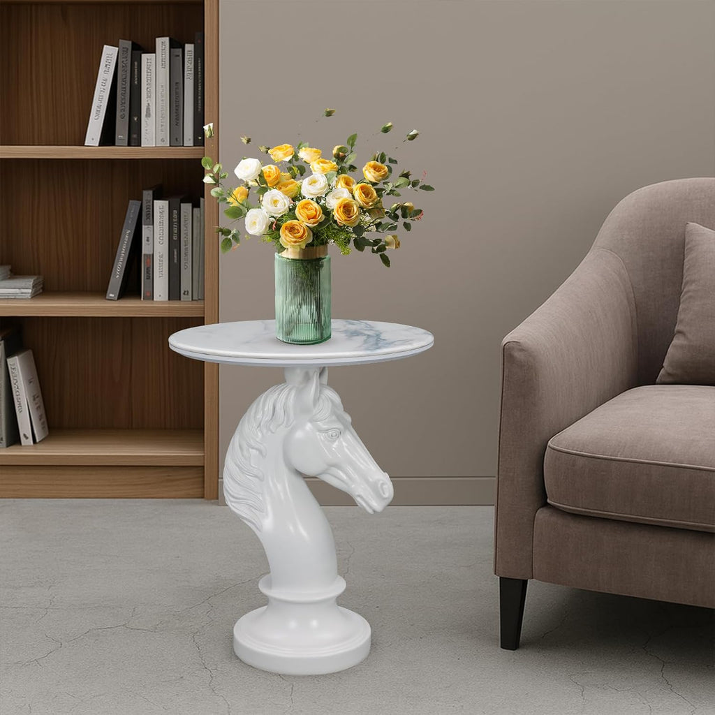 Sculptural Horse Head Side Table, Artistic Stallion End Table with Faux Marble Top, Modern Accent Table for Living Room, Unique Home Decor Gift for Housewarming, 19.69' W x 24.8' H