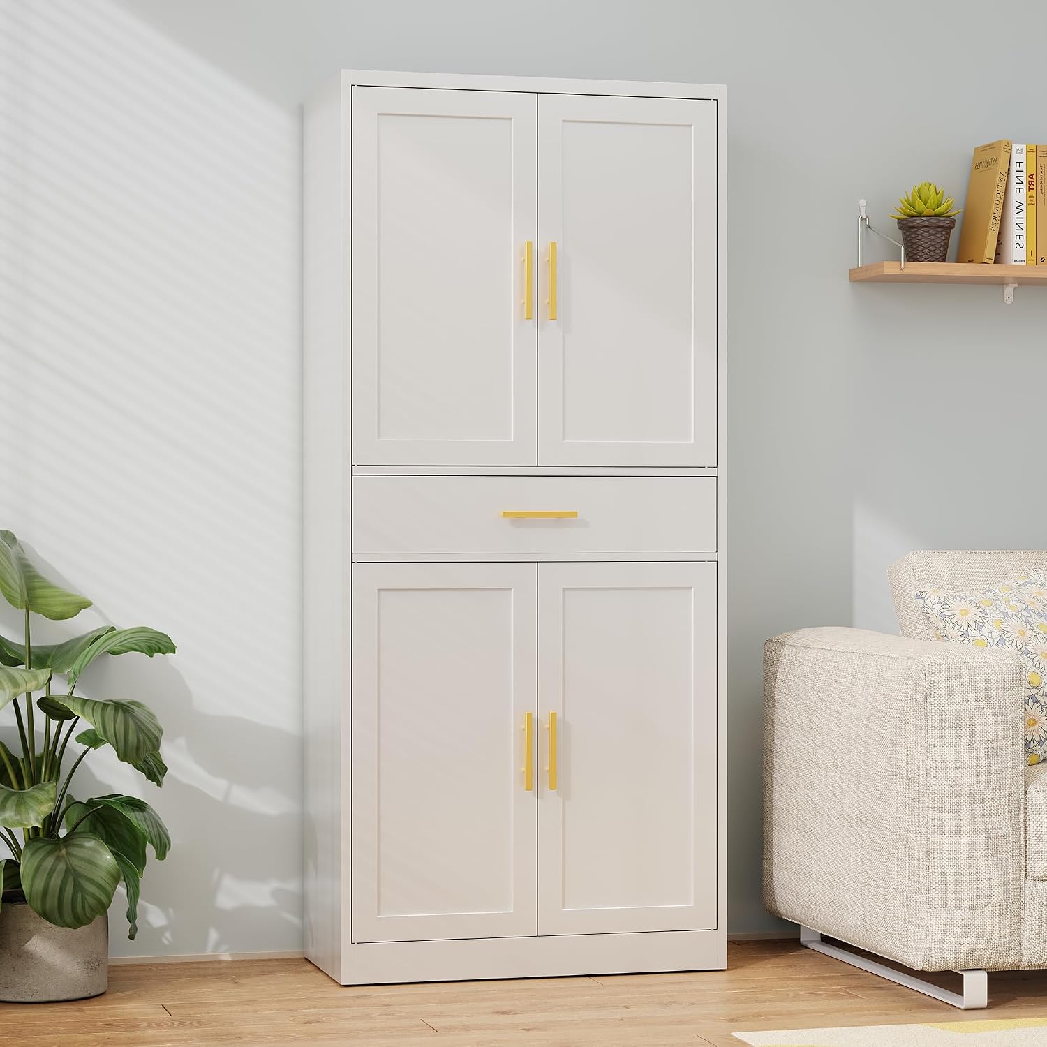 Metal Kitchen Pantry Cabinet, 71'Tall Cabinet with 1 Drawer, Doors and 2 Adjustable Shelves, Pantry Cabinets for Kitchen Storage, Metal Storage Cabinet for Kitchen, Dining Room, Living Room- White
