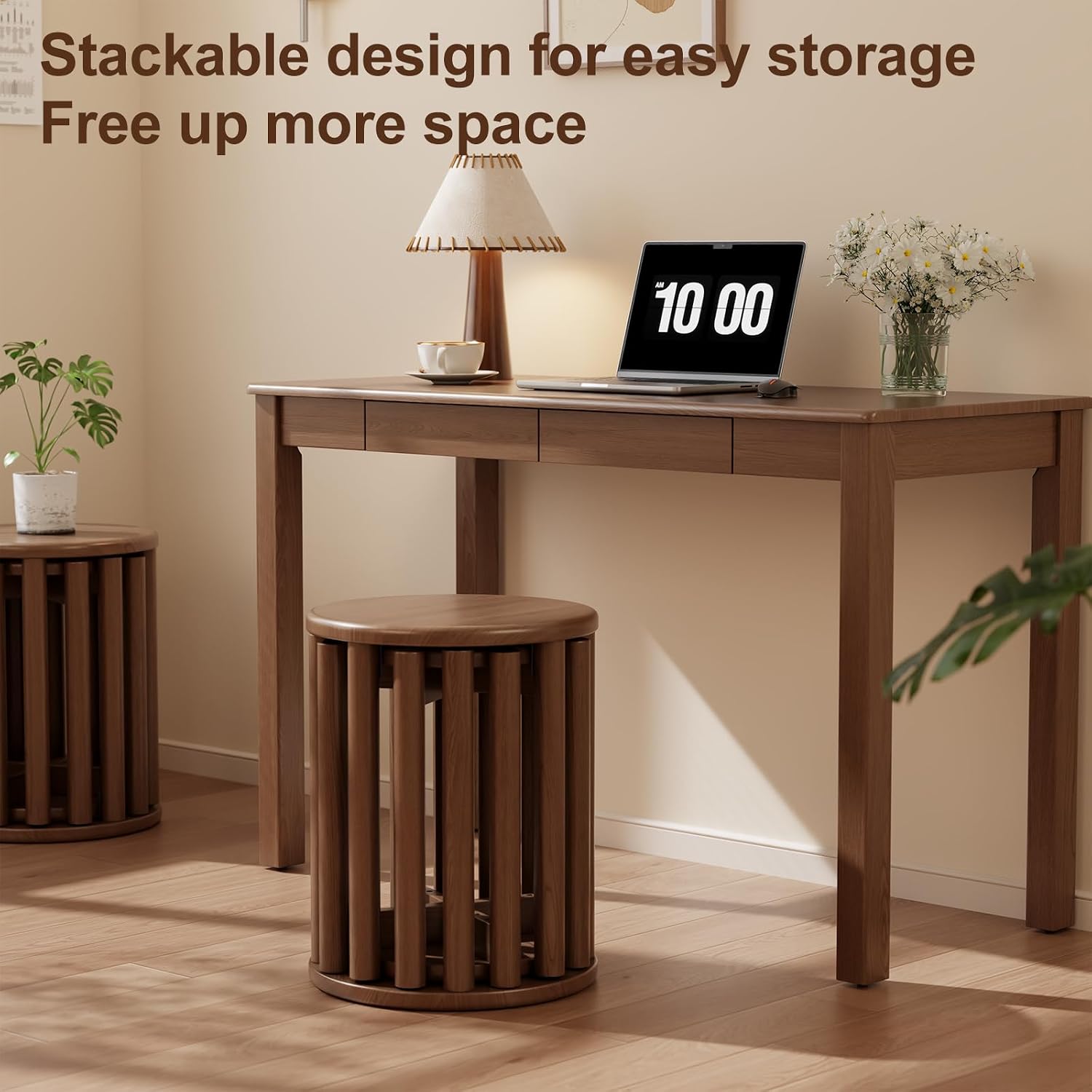 Solid Wood Stackable Stools Set of 4, 100% Wooden Stool No Installation Required Walnut Side Table Multifunctional Space Saving 18 Inch Round Stool Modular Interlocking Coffe Table for Living Room