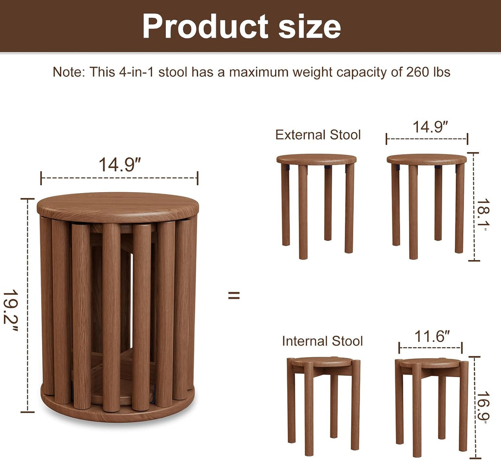 Solid Wood Stackable Stools Set of 4, 100% Wooden Stool No Installation Required Walnut Side Table Multifunctional Space Saving 18 Inch Round Stool Modular Interlocking Coffe Table for Living Room