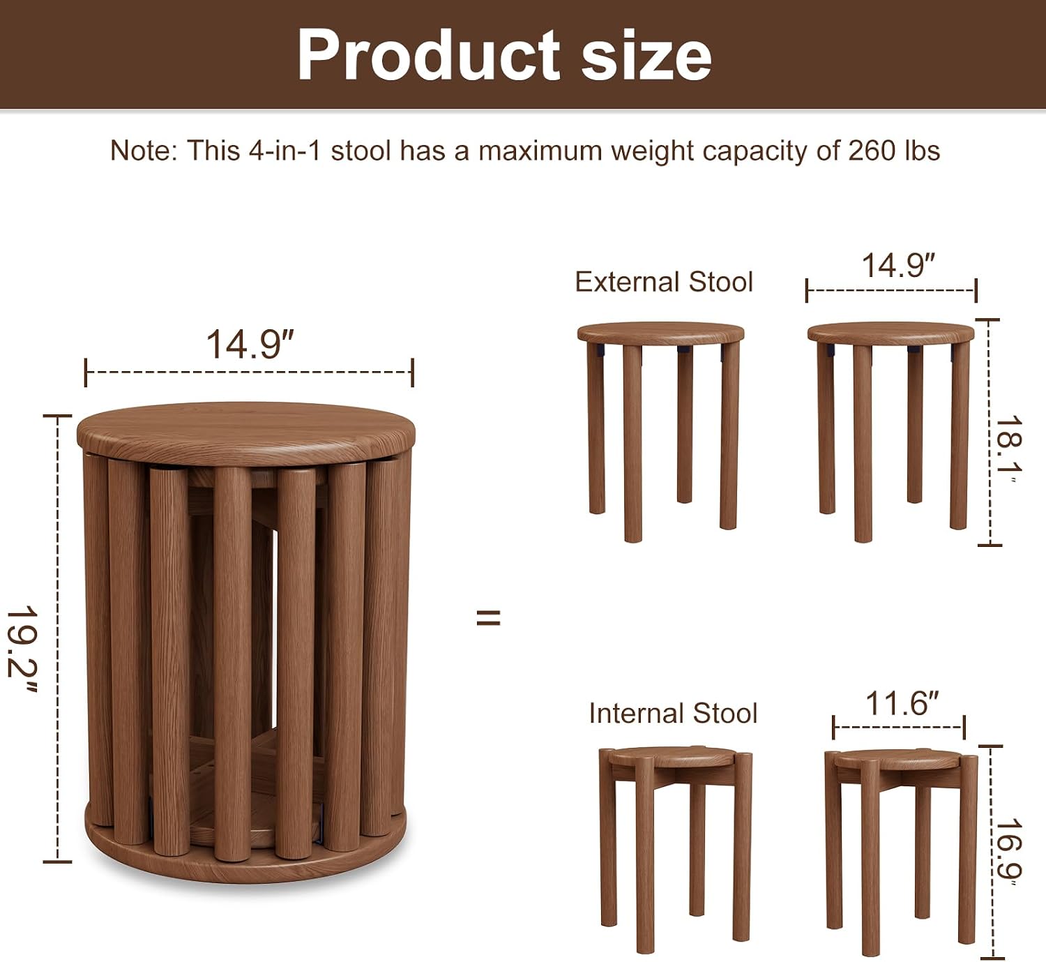 Solid Wood Stackable Stools Set of 4, 100% Wooden Stool No Installation Required Walnut Side Table Multifunctional Space Saving 18 Inch Round Stool Modular Interlocking Coffe Table for Living Room
