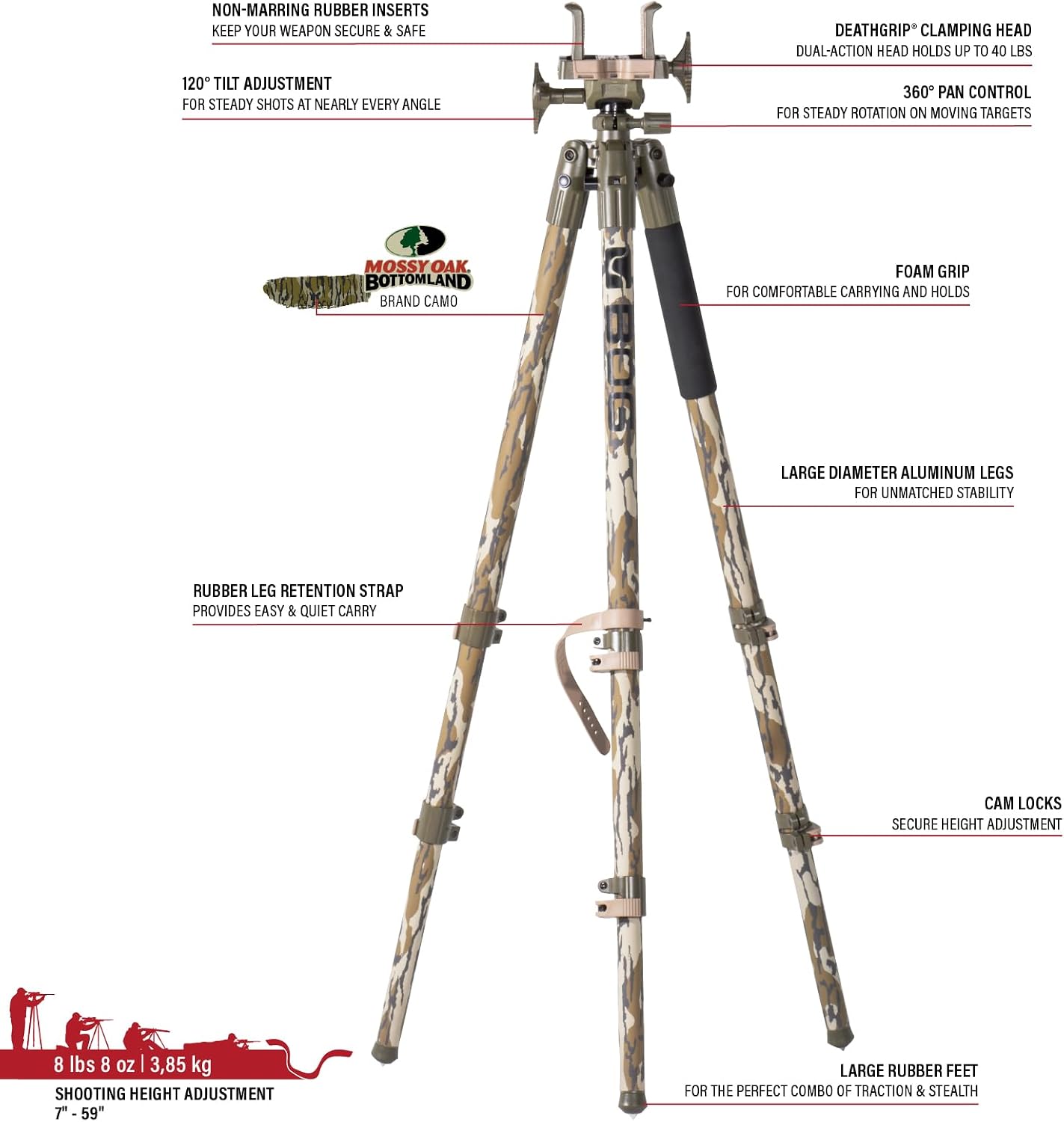 BOG DeathGrip Aluminum Tripod with Durable Frame, Lightweight, Stable Design, Bubble Level, Adjustable Legs, Shooting Rest, and Hands-Free Operation for Hunting, Shooting, and Outdoors
