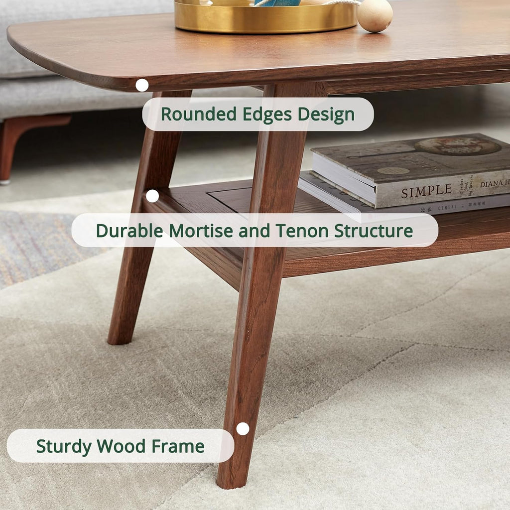 Mid Century Modern Coffee Table: 100% Solid Wood Coffee Table - 2-Tier Storage Design - Practical Coffee Tables for Living Room, Apartment, Easy Assembly (Walnut, 39.37')