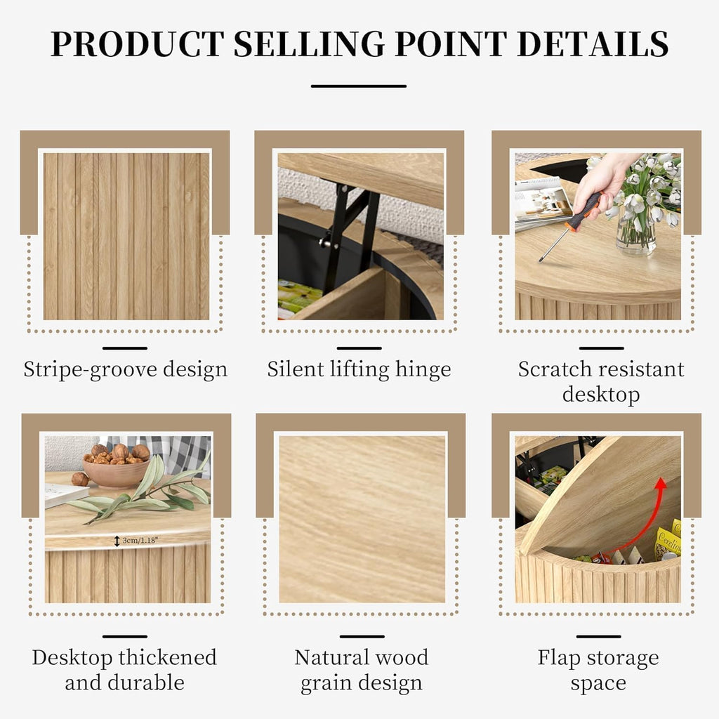 Fsbecl Fluted Lift Top Coffee Table with Storage, 34.6'' Round Coffee Tables for Living Room, Circle Wood Center Table with Hidden Conpartment (Wood Color)