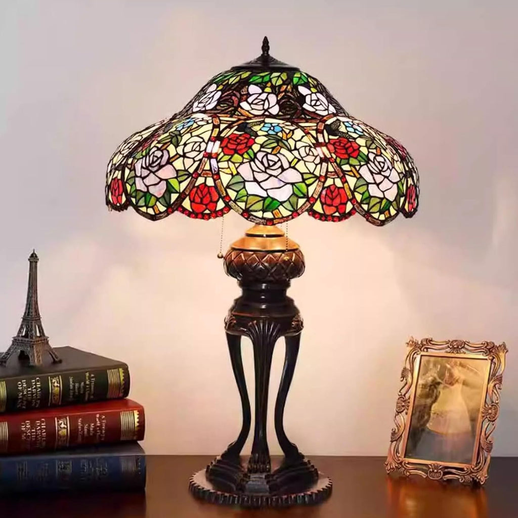 Tiffany Style Traditional Handmade 22 Inch Wide Rose Flower Design Stained Glass Lampshade Replacement Only Retro Red Blue Pink Floral Light Cover Accessories for Table Lamp Pendant Light