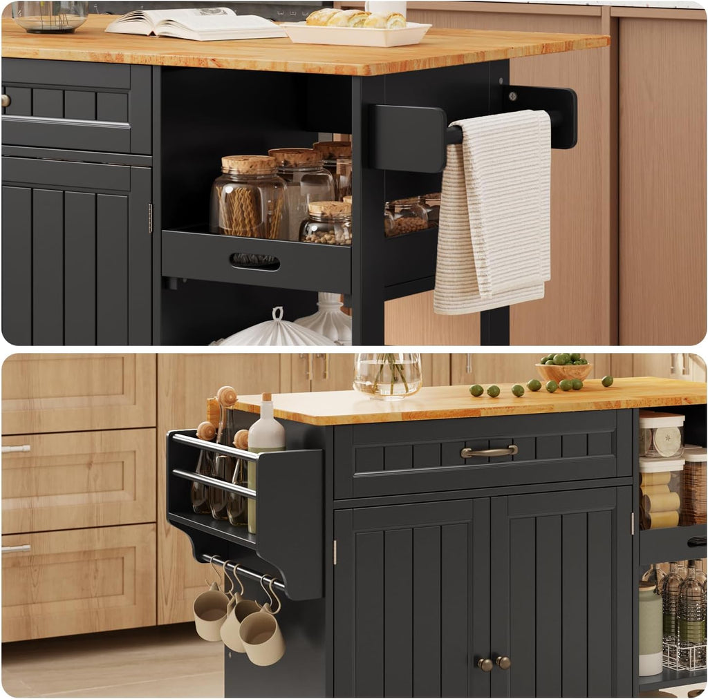 Gizoon Kitchen Island with Storage, Kitchen Island with Drop Leaf, 41.7''W Rolling Dining Cart, Foldable Countertop, 5 Wheels, Refrigerator Door, Adjustable Shelves, Spice/Towel Rack, Black