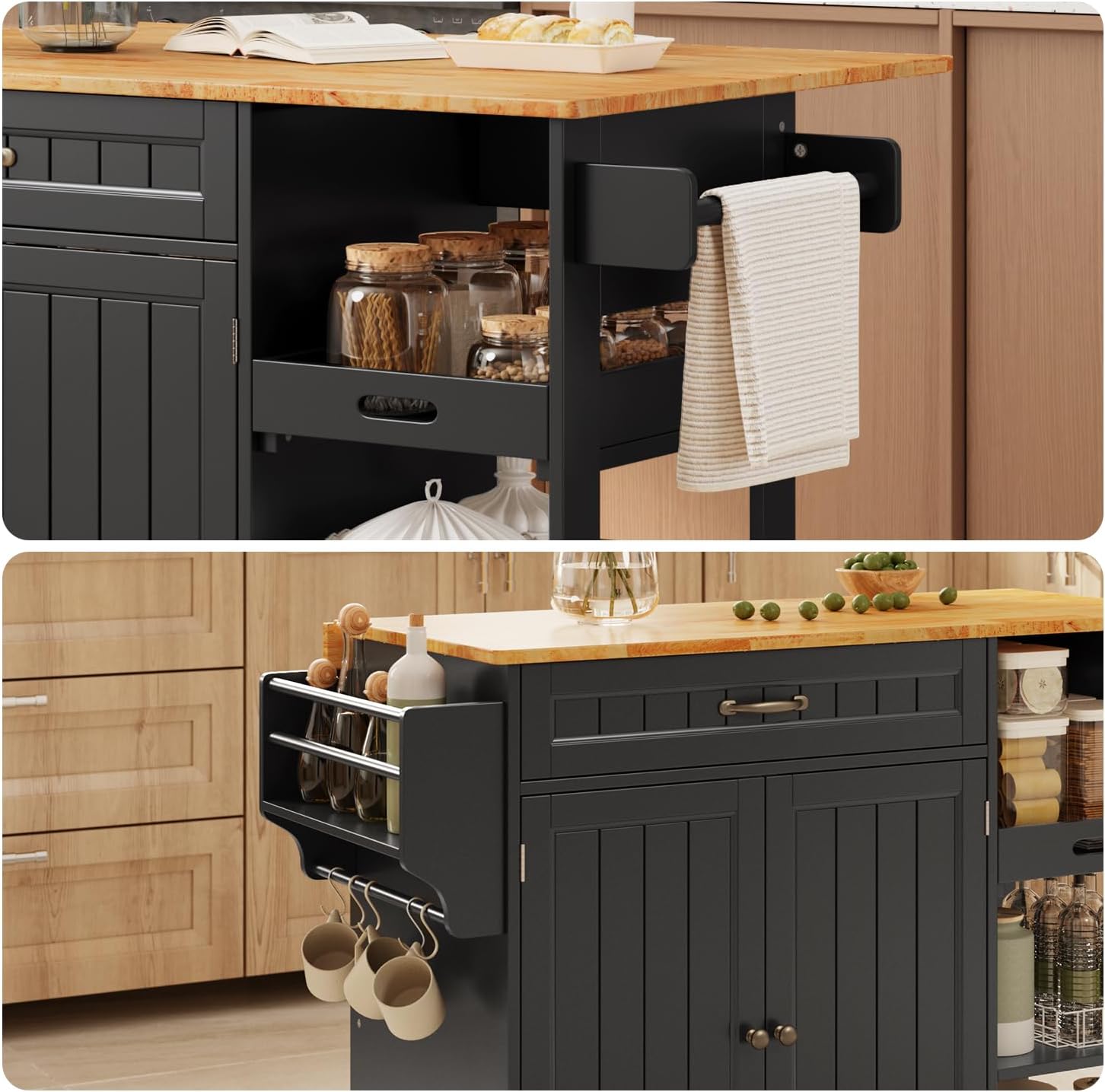 Gizoon Kitchen Island with Storage, Kitchen Island with Drop Leaf, 41.7''W Rolling Dining Cart, Foldable Countertop, 5 Wheels, Refrigerator Door, Adjustable Shelves, Spice/Towel Rack, Black