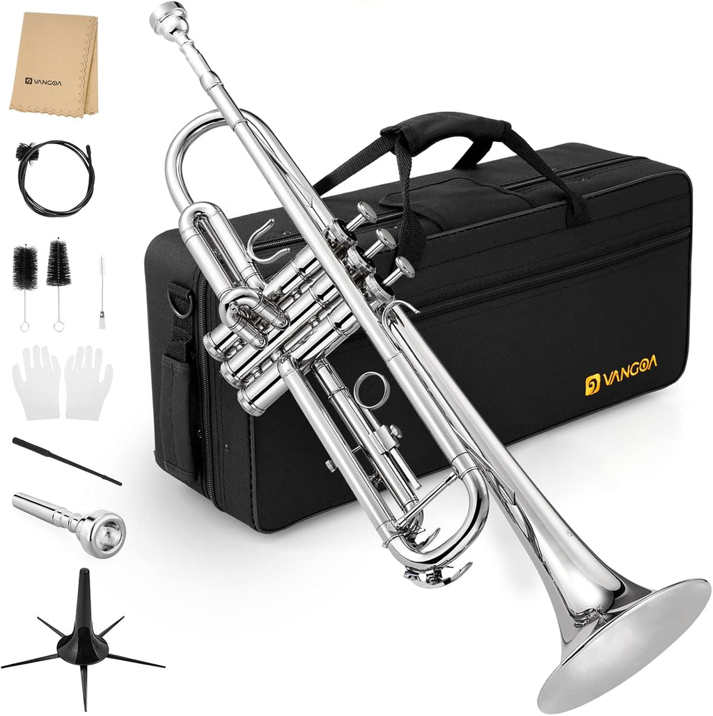 Vangoa Trumpet Bb Standard Student for School Band Brass Orchestra Adult Kid Beginner with Stand, Hard Case, Cleaning Kit, Gloves and 7C Mouthpiece, Silver