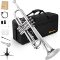 Vangoa Trumpet Bb Standard Student for School Band Brass Orchestra Adult Kid Beginner with Stand, Hard Case, Cleaning Kit, Gloves and 7C Mouthpiece, Silver