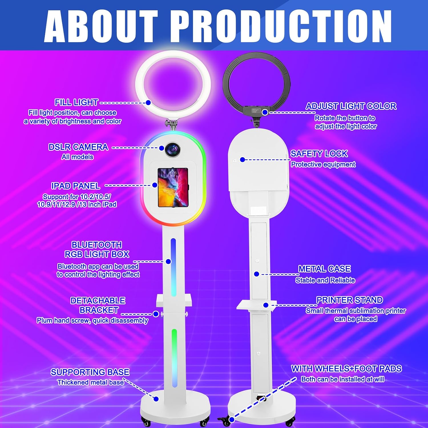RDYMONKEY Photo Booth for All iPad and for Camera Dualuse Selfie Station Shell Stand APP Control RGB Ring Light Music Sync Light Box Photobooth Machine with Flight Case for Rental