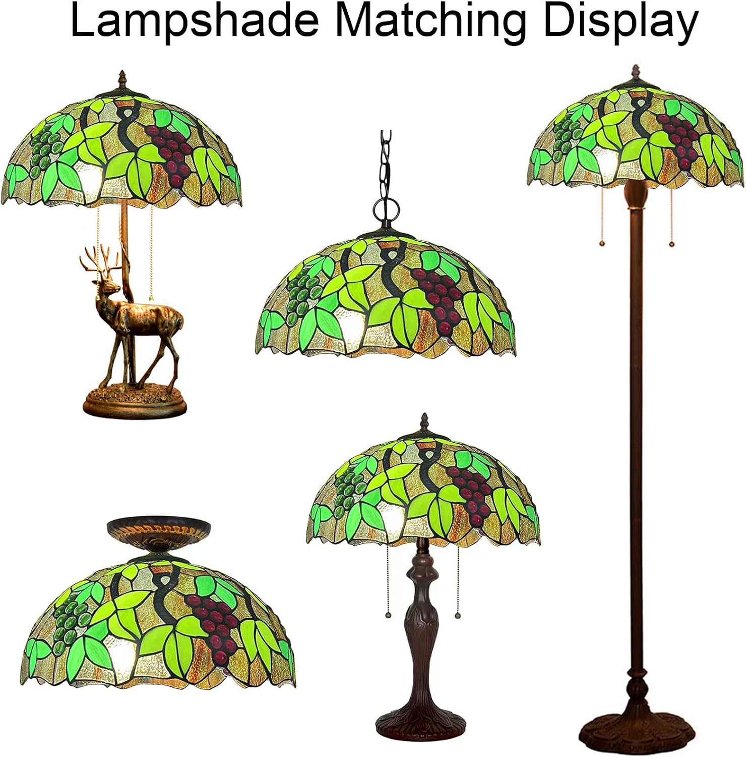 Tiffany Lamp Shade Replacement 16X9 Inch Vintage Stained Glass Lampshades Only with Cap Christmas Home Decor Green Grape Design Handmade Light Cover for Table lamp Pendant Light Floor Lamp