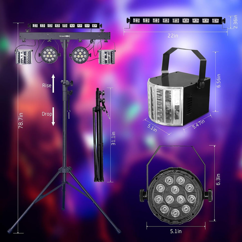 DJ Lights with Stand, 5 in 1 Party Lights DJ Disco Light for Parties Indoor, Sound Activated Mobile Stage Lighting System with DMX& Remote Control, Disco Ball Stage LED Par Light with Bag for Bar Gig