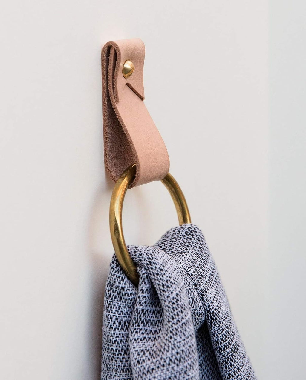 Bathroom Fixture Kit includes leather & wood Toilet Paper Roll Holder, Bath Towel Rail, leather & brass hanging Hand Towel Ring hook with gold hardware, straps are wall mounted, accessories rack