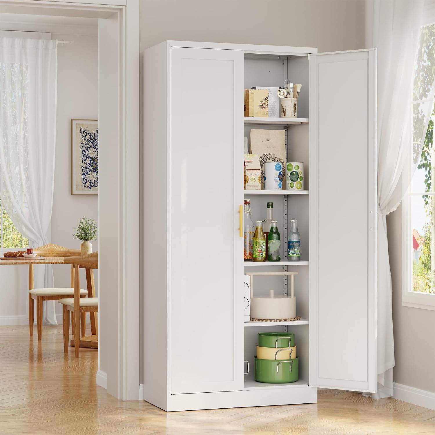 Metal Pantry Cabinet, 71'H x 28'W x 14'D Pantry Cabinets with 2 Doors and 4 Adjustable Shelves, Kitchen Pantry Storage Cabinets, Metal Storage Cabinet for Kitchen, Dining Room, Living Room-White