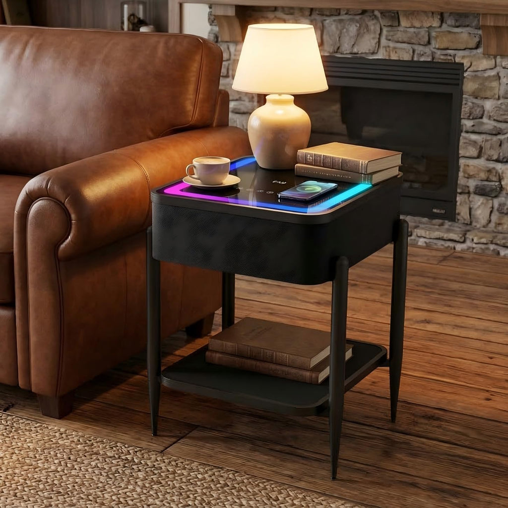 LED Smart Nightstand with Bluetooth Speaker & Wireless Charging, Modern End Table with RGB Lights, Tempered Glass Touch Panel, USB/Type-C/AUX Ports, Easy Assembly, 65W HiFi Sound System, Black