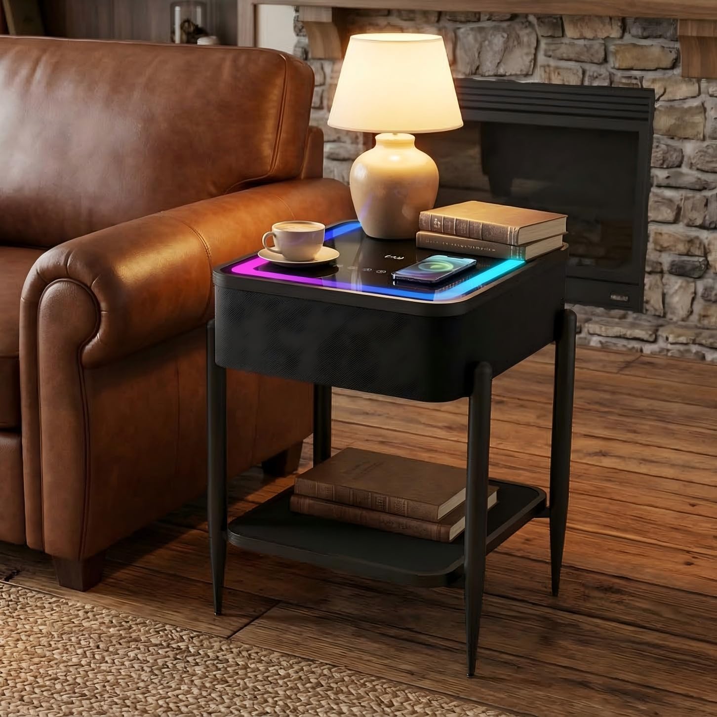 LED Smart Nightstand with Bluetooth Speaker & Wireless Charging, Modern End Table with RGB Lights, Tempered Glass Touch Panel, USB/Type-C/AUX Ports, Easy Assembly, 65W HiFi Sound System, Black