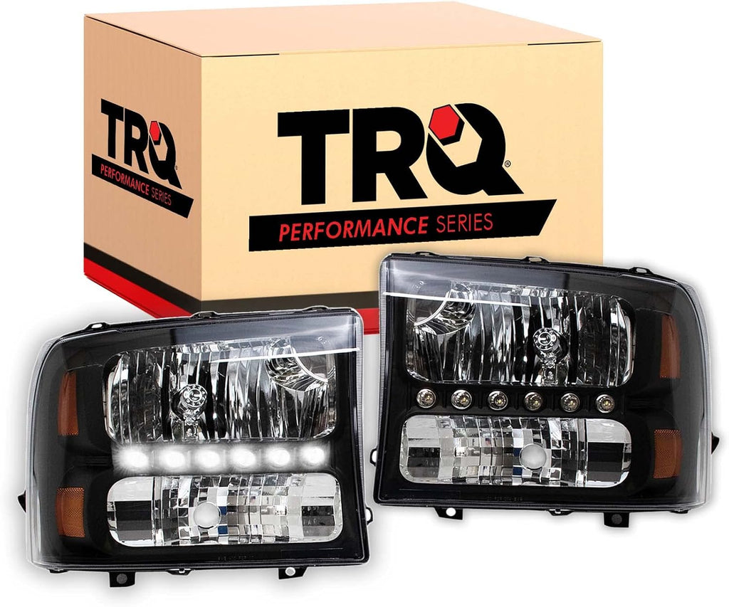 TRQ 2 Piece Headlight Assembly Set Performance LED Daytime Running Lights Black Bezel Driver & Passenger Side Compatible with Ford Excursion 2000-2004 F250 F350 1999-2004 F450 F550 1999-2003