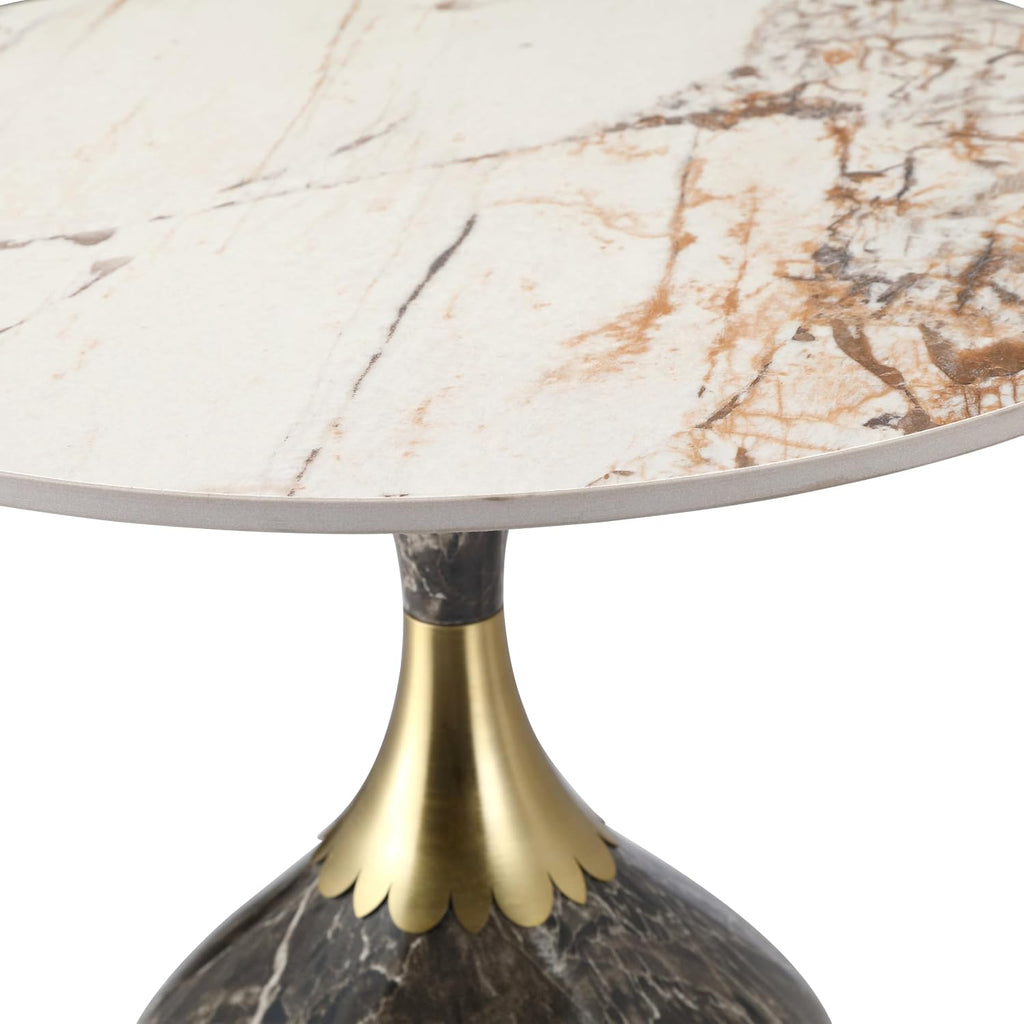 LeisureMod Oslo Modern Round Side Table with Elegant Sintered Stone Top and Sculptural Stainless Steel Pedestal Base, Chic Accent End Table for Living Room, Home or Sofa, Marbled Brown