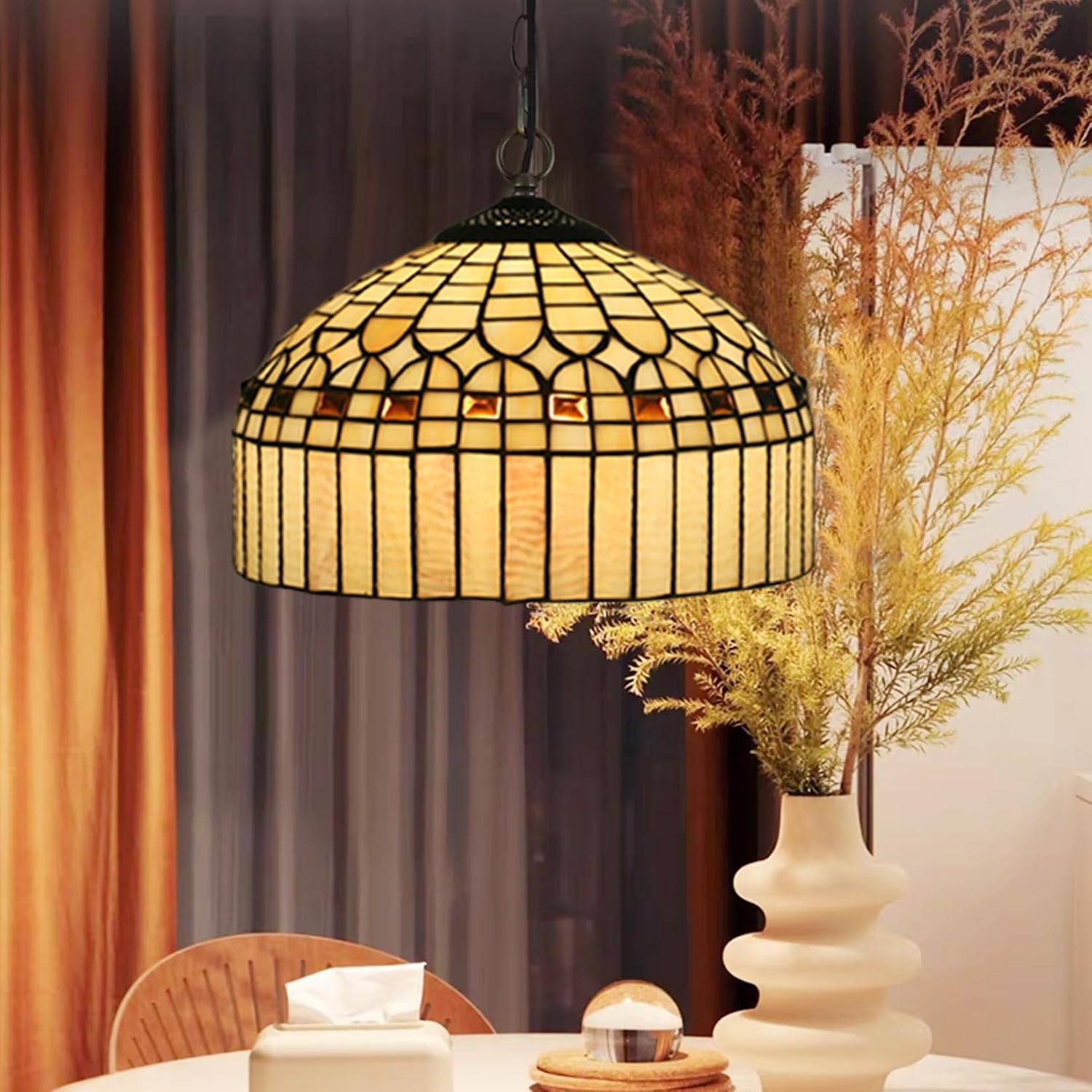 Tiffany Table Lamp Shade Replacement Only 16X9 Inch Stained Glass Yellow Beige Amber Lampshades, for Floor Lamp Desk Lamp Pendant lamp Ceiling Light Bedside Reading Lamp
