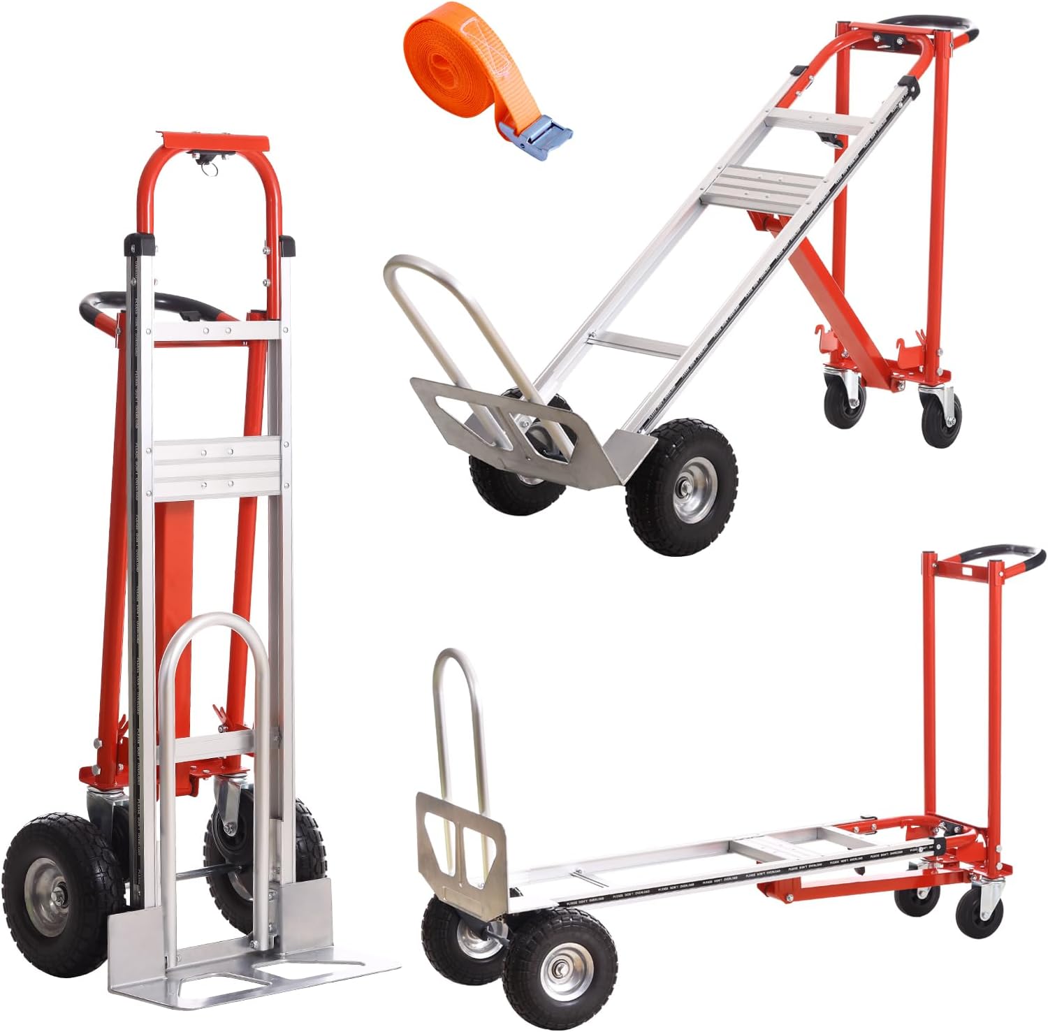 3-in-1 Industrial Aluminum Dolly Hand Truck,Convertible Hand Truck Dolly,1000 Lbs Capacity Hand Trucks Heavy Duty with PU Solid Wheels and Cargo Straps for Moving and Transport (red)