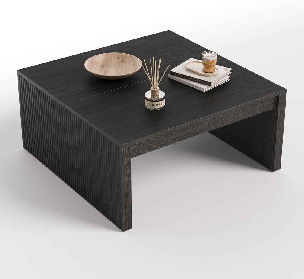 LITTLE TREE Square Coffee Table, 39.4-Inch Fluted Coffee Tables, Mid-Century Modern Center Cocktail Table for Living Room Bedroom, Easy Assembly, Black