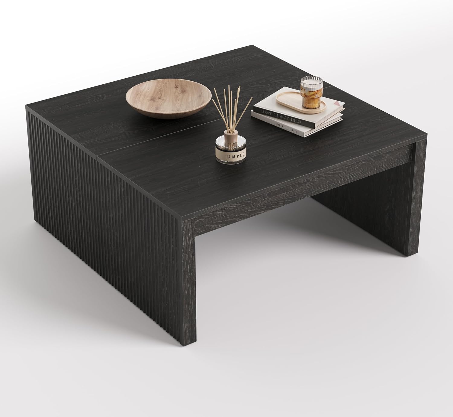 LITTLE TREE Square Coffee Table, 39.4-Inch Fluted Coffee Tables, Mid-Century Modern Center Cocktail Table for Living Room Bedroom, Easy Assembly, Black