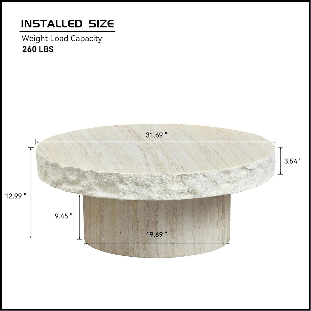 31.69' Round Coffee Table with Round Pedestal, Fiberglass Faux Marble Tabletop for Living Room, Modern Circle Center Table Tea Table for Apartment, Office, Beige Mars Pattern