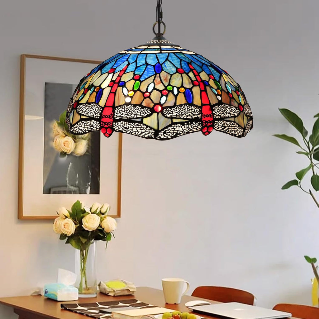 W16H9 Inch Tiffany Lamp Shade Replacement, Stained glass Dragonfly style Lampshades, Only Handmade Retro lampshade Replacement for Table Lamp Pendant Light Floor Lamp Ceiling Fixture,Blue