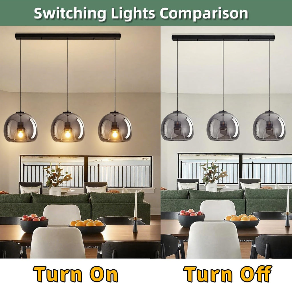 MIXL-Modern Globe Pendant Light 3-Lights Hanging Light with Smoke Gray Glass Lampshade, Height Adjustable Dining Room Lighting, Glass Pendant Lamp, Farmhouse Hanging Lamp for Kitchen Island