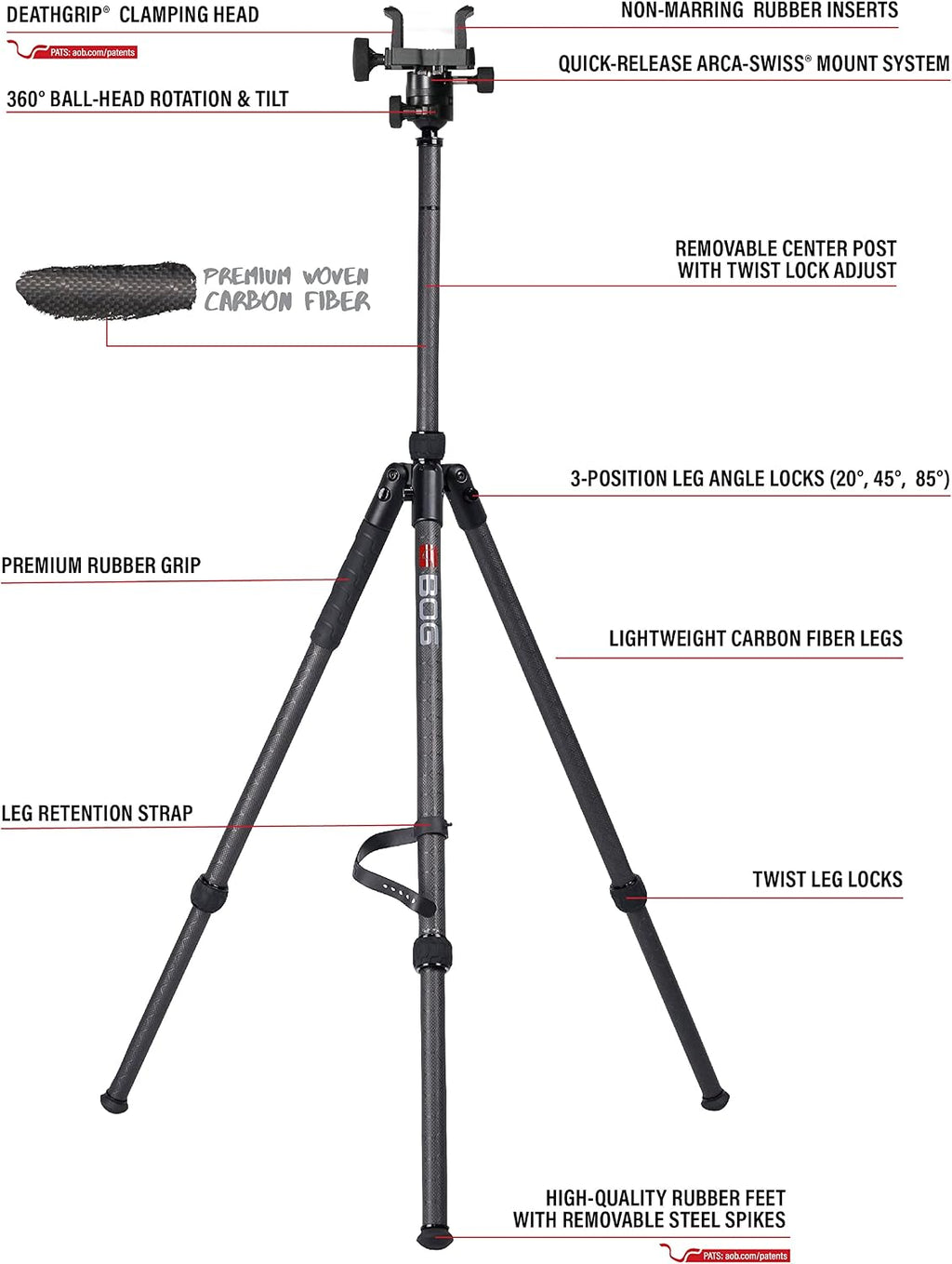 BOG DeathGrip Aluminum Tripod with Durable Frame, Lightweight, Stable Design, Bubble Level, Adjustable Legs, Shooting Rest, and Hands-Free Operation for Hunting, Shooting, and Outdoors